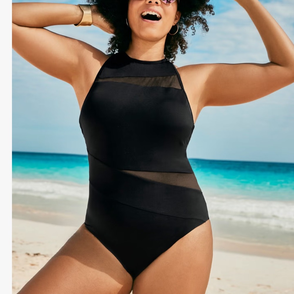 Swimsuits For All High Neck Mesh Cut Out Swimsuit